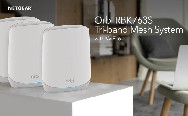 Netgear Orbi RBK763-100NAR AX5400 Tri-band WiFi 6 Mesh System, 5.4Gbps, 1 Router + 2 Satellites - Certified Refurbished