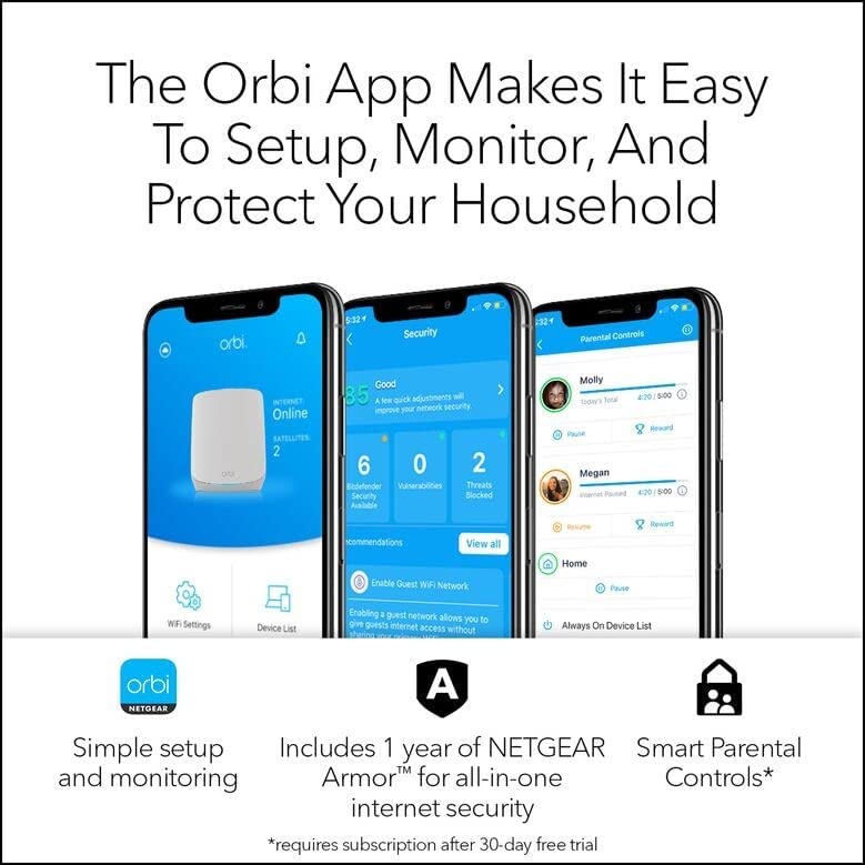 Netgear RBK763 Orbi AX5400 Tri-band WiFi 6 Mesh System, 5.4Gbps, 1 Router + 2 Satellites - Certified Refurbished