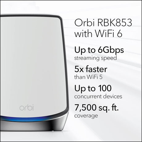 Netgear RBK853 Orbi AX6000 Wireless Tri-Band Gigabit Mesh WiFi 6 System 3-Pack, 1 Router + 2 Satellites - Certified Refurbished