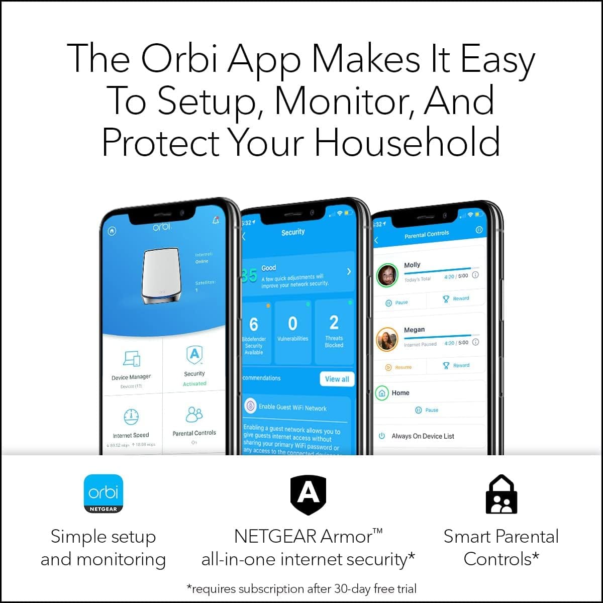 Netgear RBK853 Orbi AX6000 Wireless Tri-Band Gigabit Mesh WiFi 6 System 3-Pack, 1 Router + 2 Satellites - Certified Refurbished