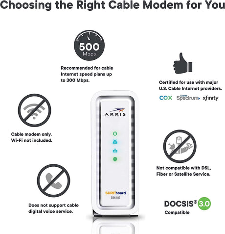 ARRIS Cable Modem DOCSIS 3.0 16x4 Gigabit 1 Gbps Port 400 Mbps Max Speed - Certified Refurbished