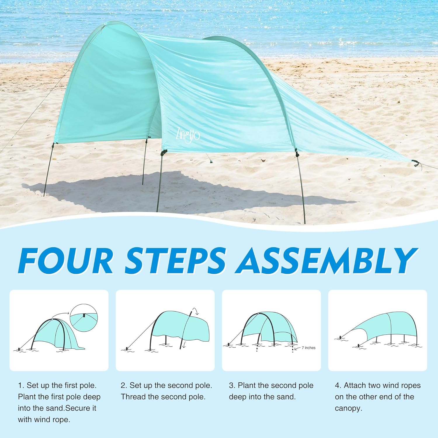 Zingtto Beach Sun Shade, UPF 50+ UV Protection, 150 Sq. Ft. Windproof Canopy Tent,  Easy Set Up, Compact & Portable for Beach, Camping, Backyard, Blue