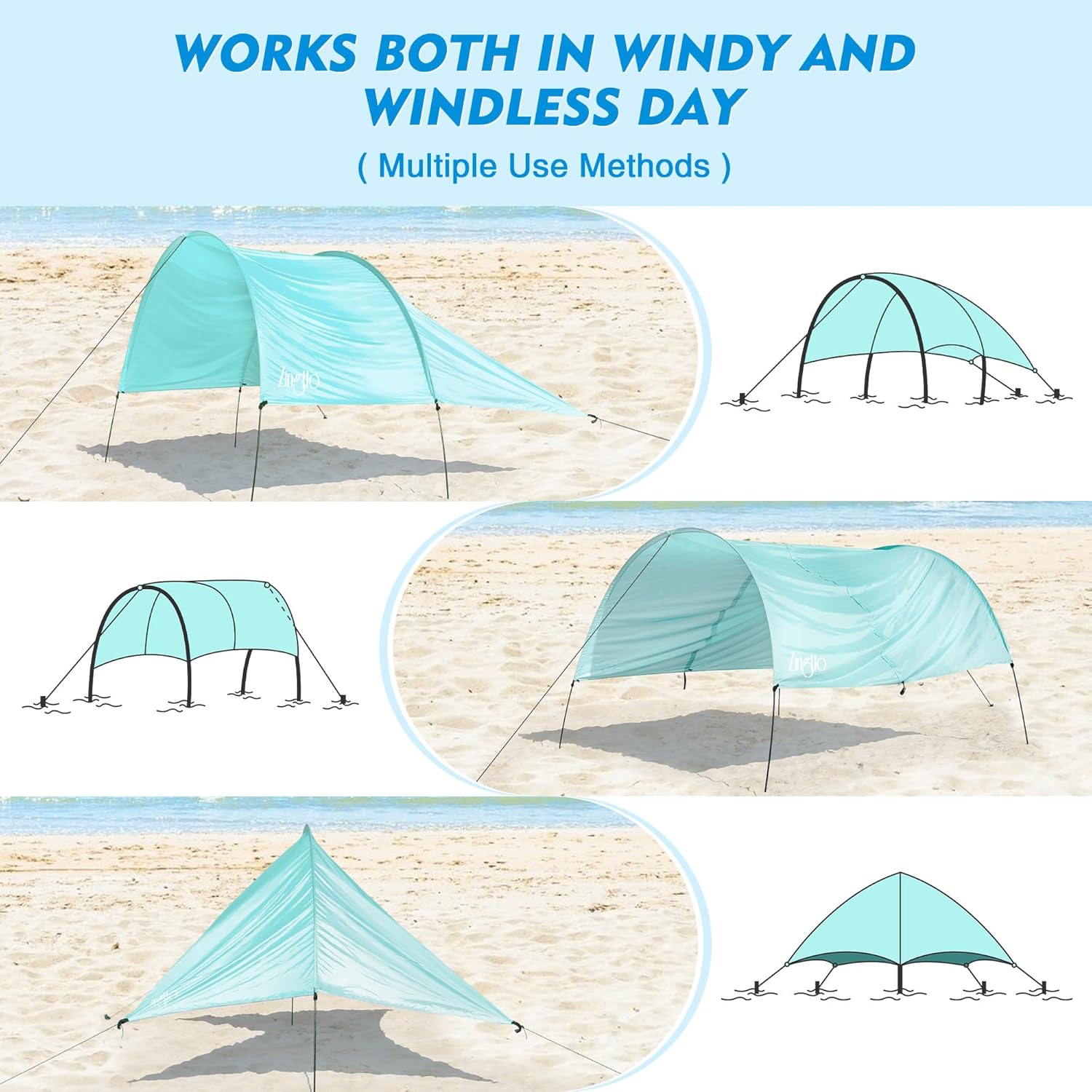 Zingtto Beach Sun Shade, UPF 50+ UV Protection, 150 Sq. Ft. Windproof Canopy Tent,  Easy Set Up, Compact & Portable for Beach, Camping, Backyard, Blue