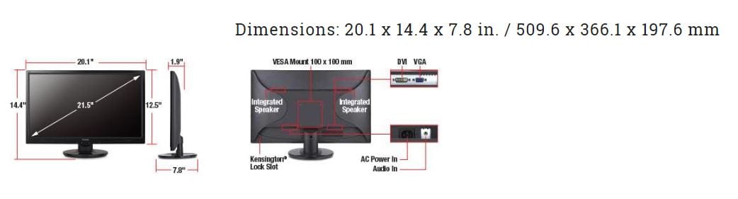 ViewSonic 22" Full HD 1080p DVI and VGA Inputs LED Monitor - Certified Refurbished