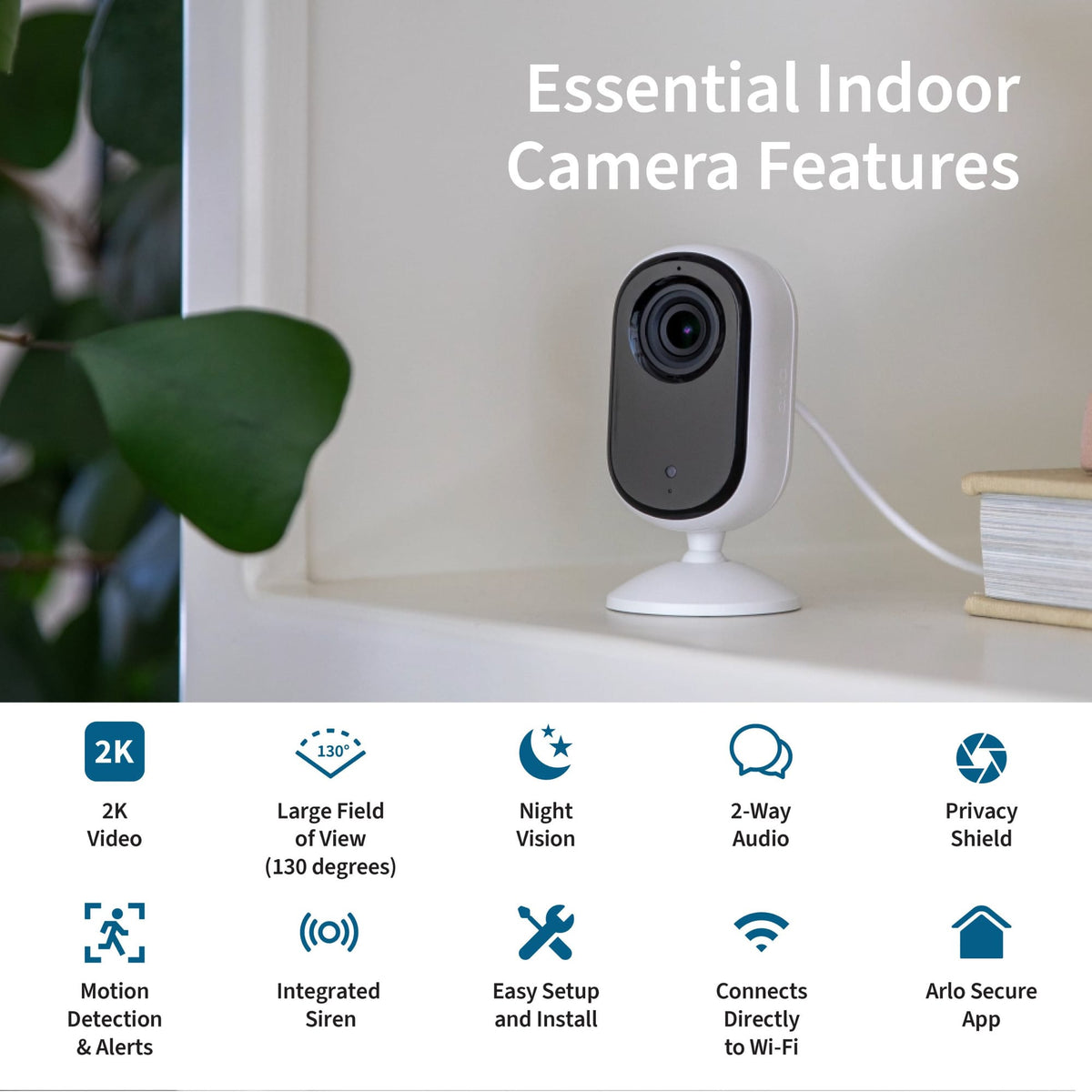 Arlo Essential 2nd Gen 2K Indoor Single Cam, White - Certified Refurbished