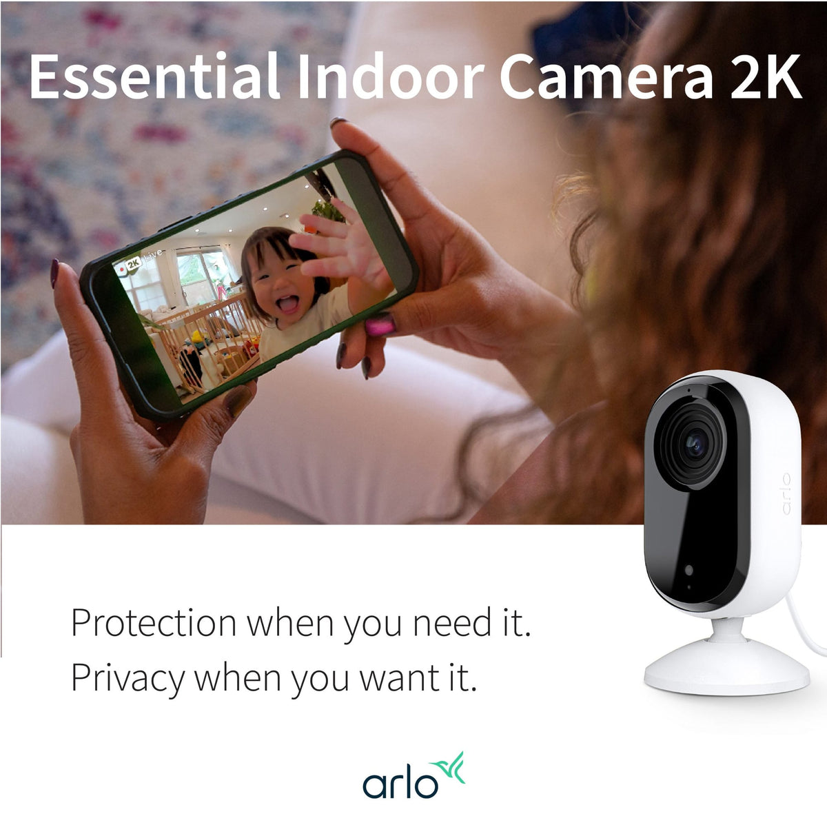 Arlo Essential 2nd Gen 2K Indoor Single Cam, White - Certified Refurbished