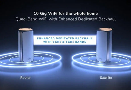 Netgear Orbi 970 Quad-Band WiFi 7 Mesh System, 27Gbps, 10000 sq.ft. Coverage, 200 Devices, Router + 2 Satellites - Certified Refurbished