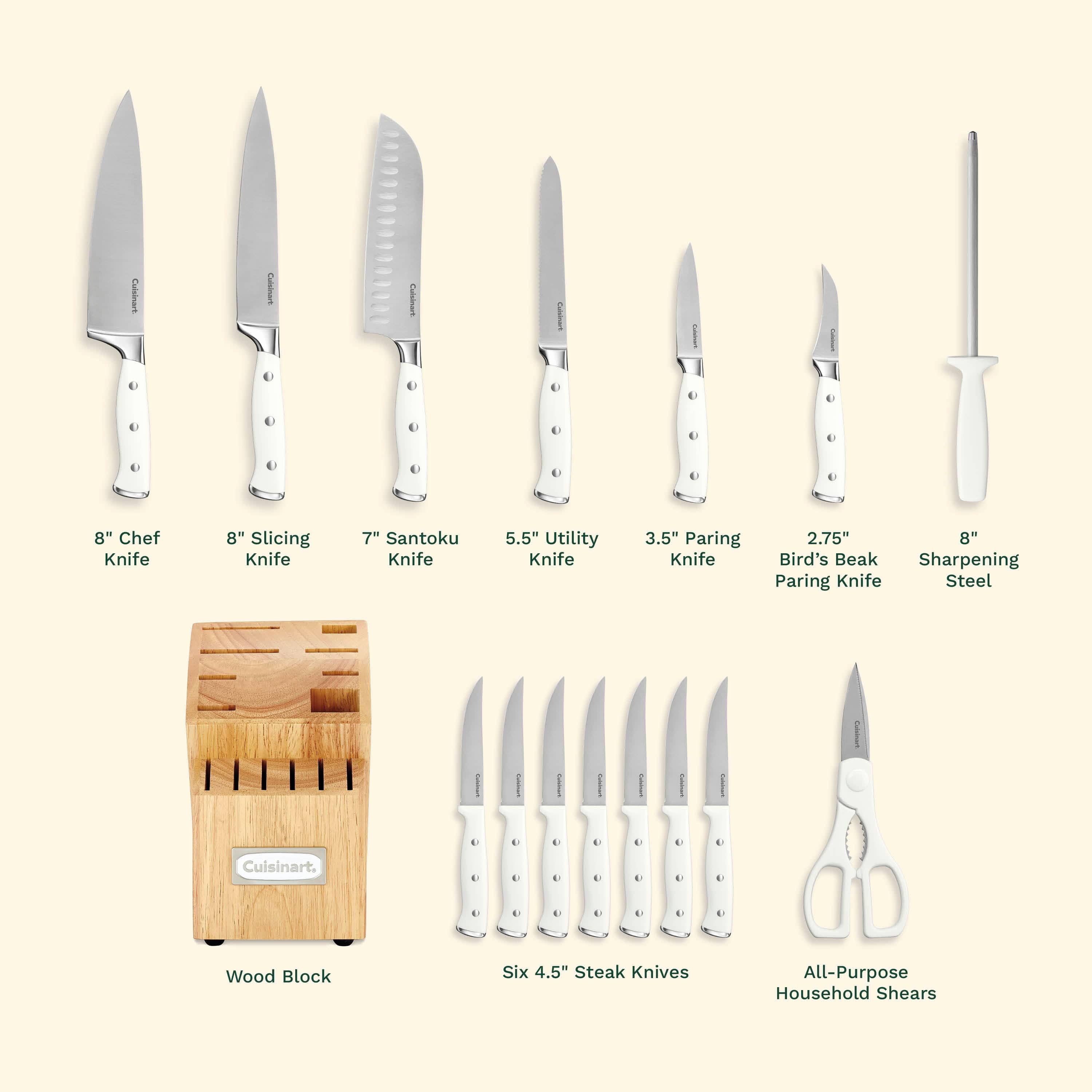 Cuisinart Triple Rivet 15 Piece Knife Block Set, White