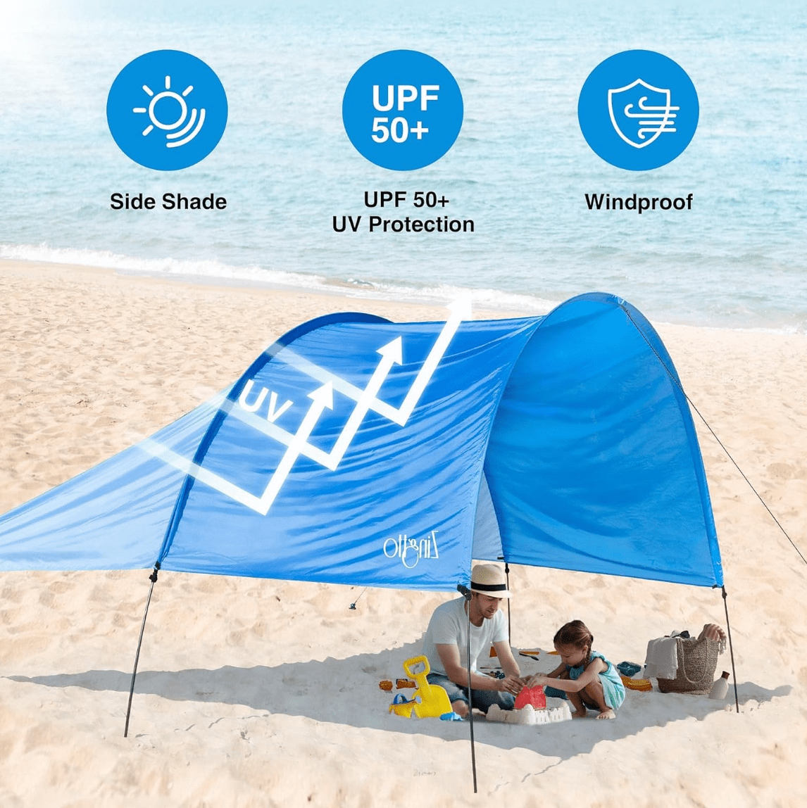 Zingtto Beach Sun Shade, UPF 50+ UV Protection, 150 Sq. Ft. Windproof Canopy Tent,  Easy Set Up, Compact & Portable for Beach, Camping, Backyard, Blue