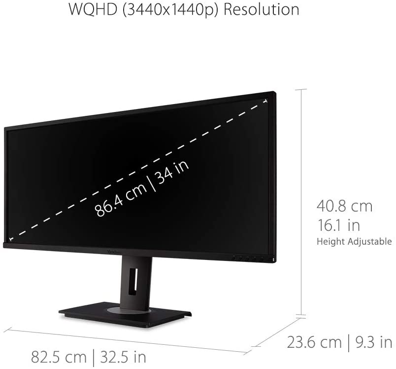 ViewSonic VG3448-S 34" Ultra-Wide 21:9 WQHD Ergonomic Monitor with HDMI DisplayPort USB, 40 Degree Tilt and FreeSync - Certified Refurbished