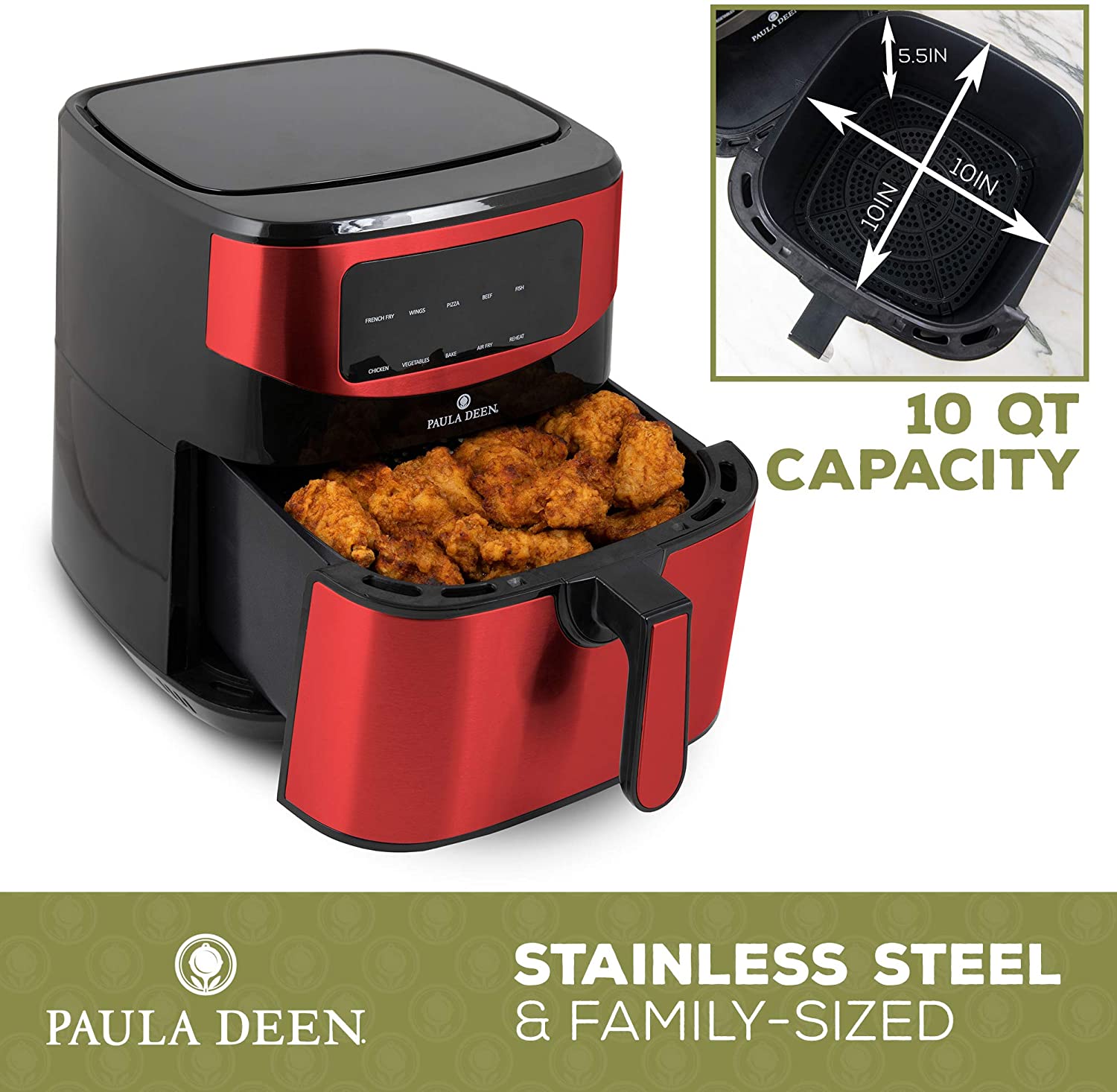 Paula Deen PDKDF579RR-RB Stainless Steel 10Qt Air Fryer, Red Stainless - Certified Refurbished