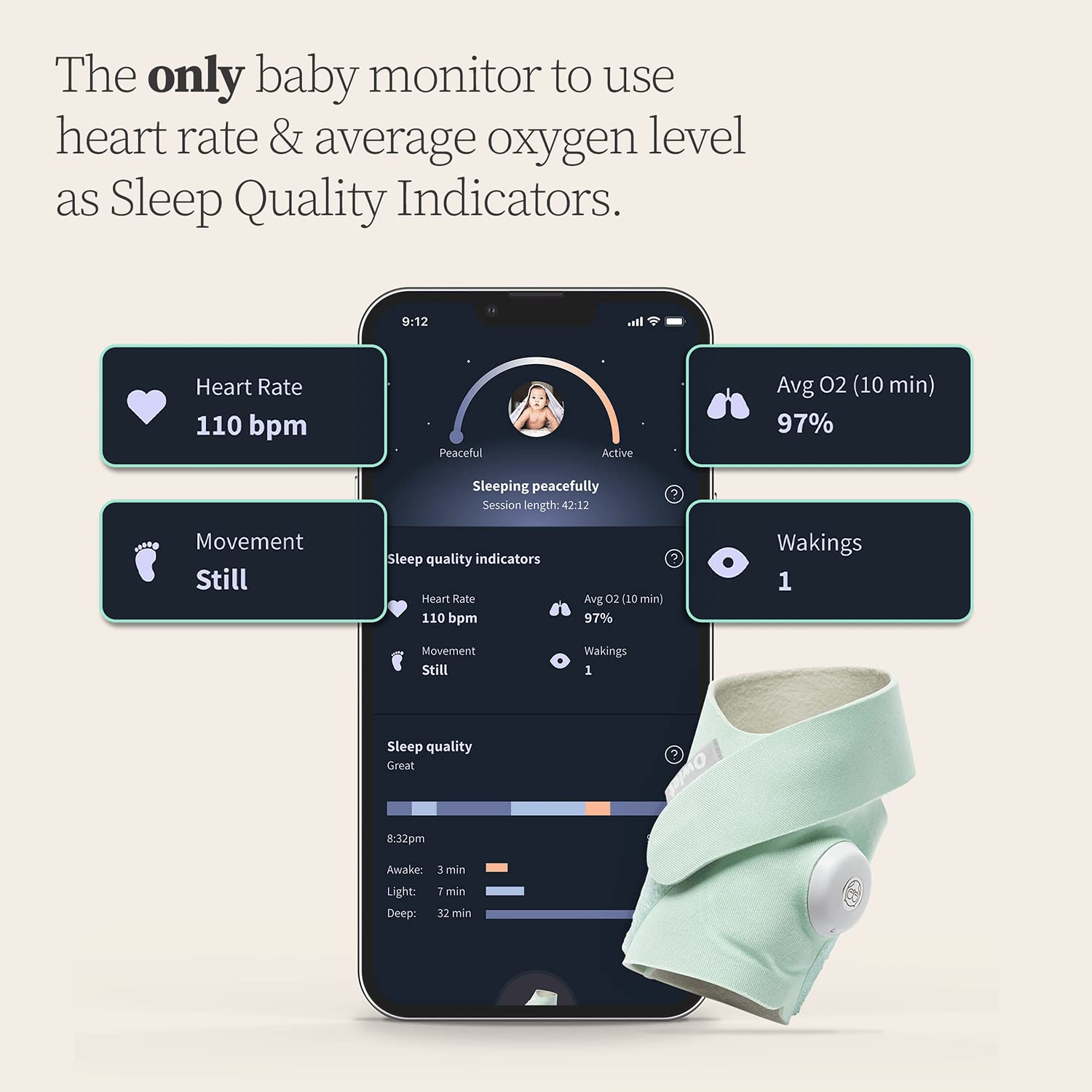 Owlet BM06NMUCK-RB Dream Sock Smart Baby Monitor View Heart Rate & Average Oxygen as Sleep Quality Indicators, Mint - Certified Refurbished