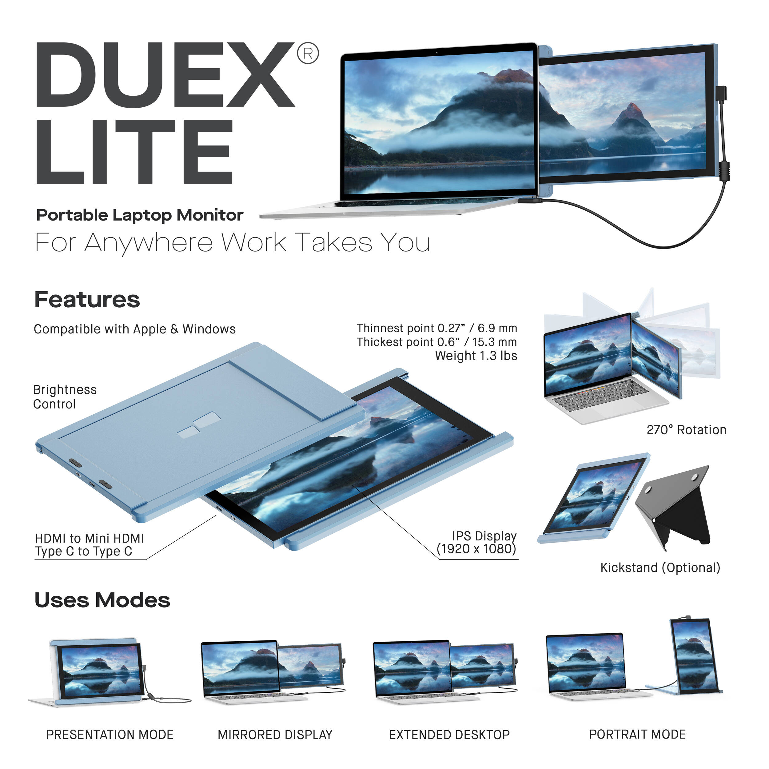 Mobile Pixels MPDUEXLITEBL-RB Duex Lite 12.5" Portable Monitor FHD 1080p Laptop Screen Extender, Blue - Certified Refurbished